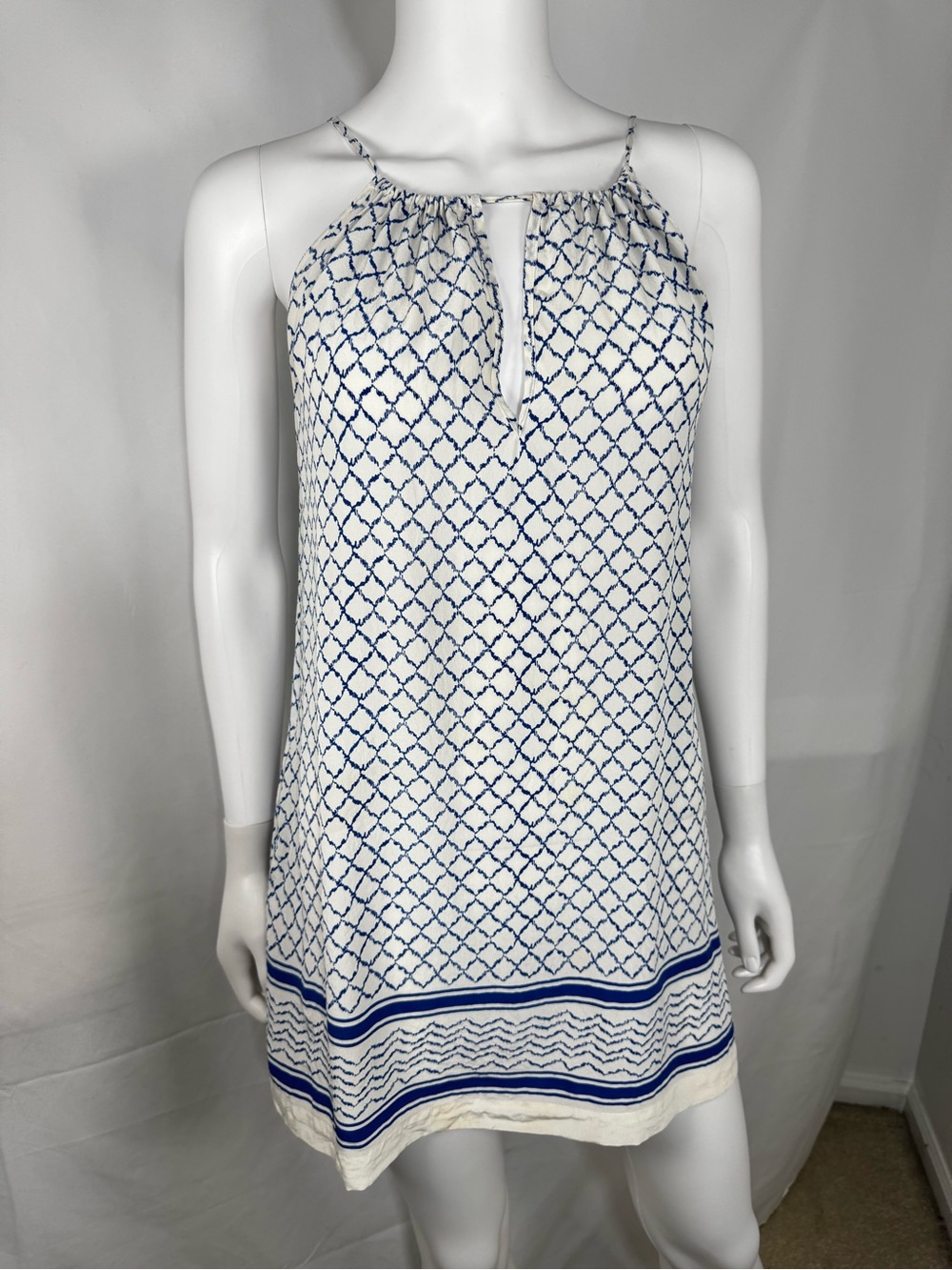 Hush 100% Silk Geometric Halter Shift Mini Dress Blue White Keyhole S/M